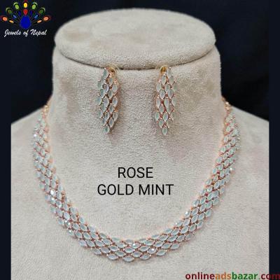 American Diamond Studded Rose Gold Plated Necklace & Earrings Set