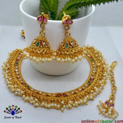 High Gold Faux Moti & Cz Stones Embellished Adjustable Necklace Set With Earrings & Maangtika